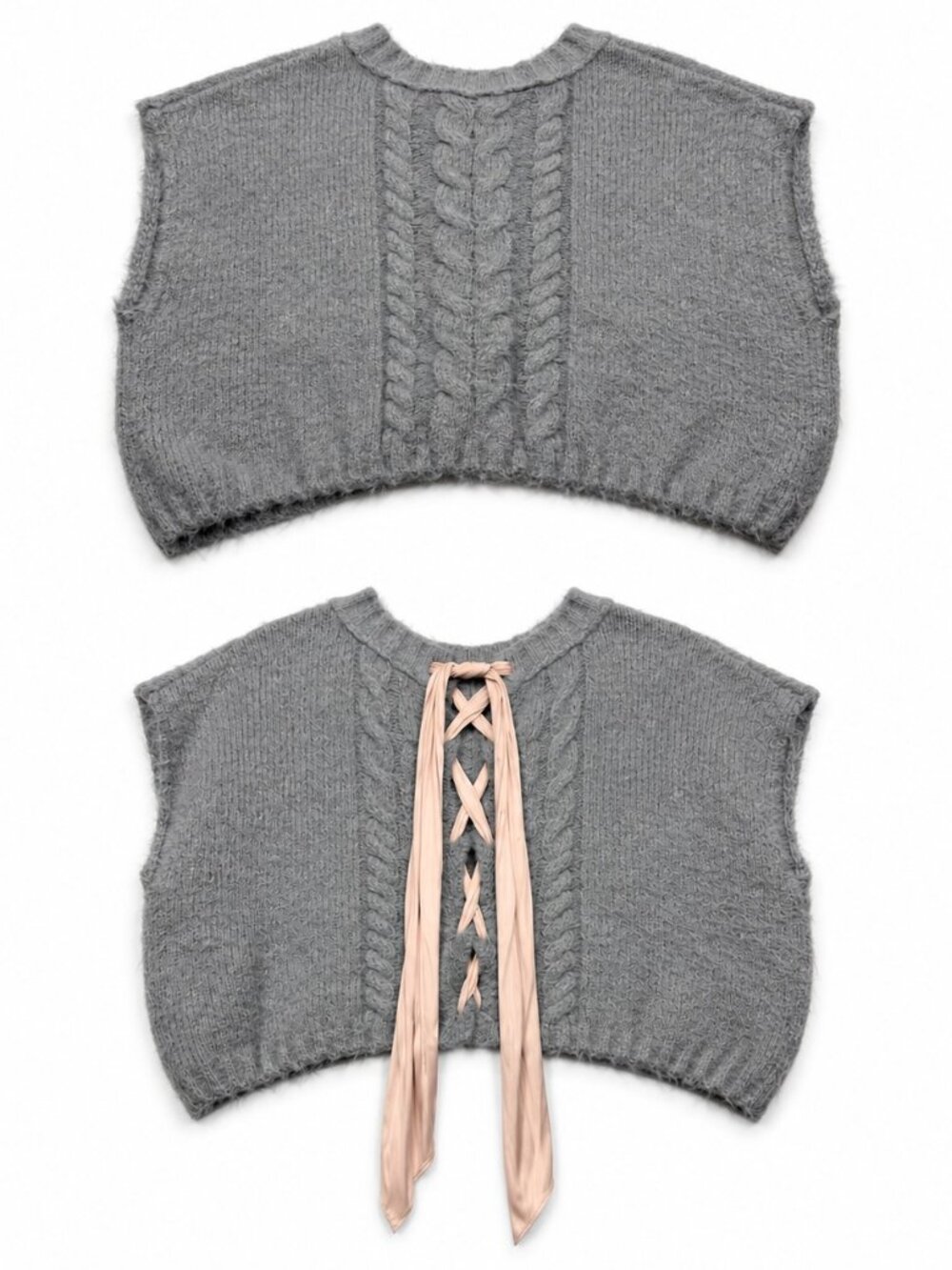 Anthropologie Gray Cable Knit Satin Lace-Up Sweater Vest XL